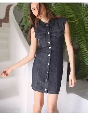 Like New Zara Sleeveless Dark Denim Button-Front Dress